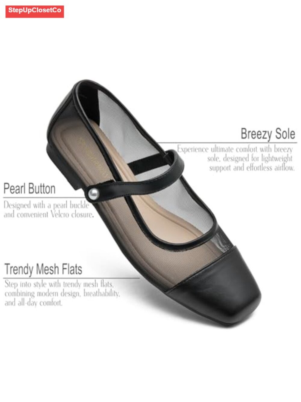 WONDERWAY Women Mary Jane Ballet Flats Mesh Closed Toe Dress Shoes - Picture 3 of 5